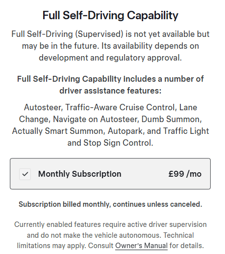 FSD subscription pricing and features panel