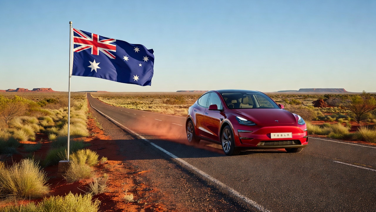 Tesla Model Y driving on Australian highway with Australian flag