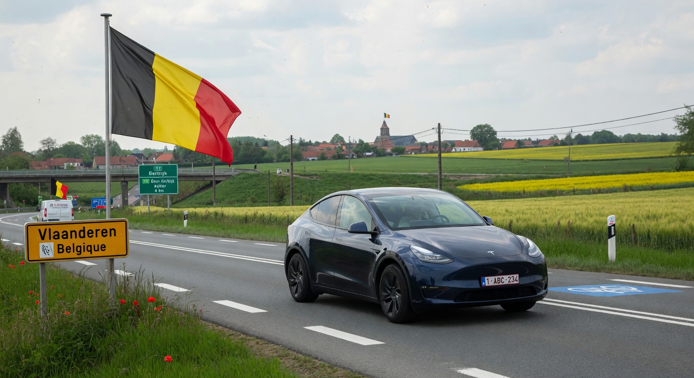 Tesla vehicle on Flemish roads in Belgium during FSD supervised testing with Belgian flag