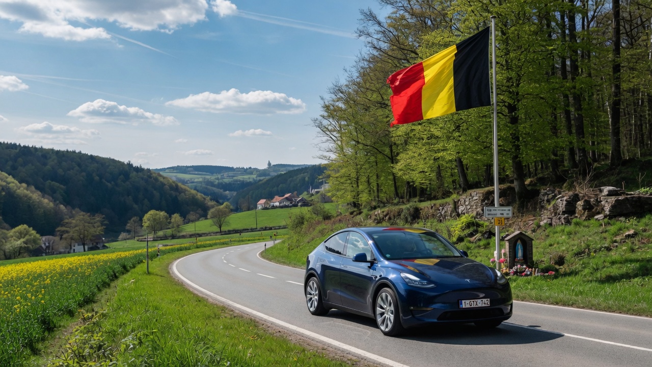 Tesla driving in Belgium with Belgian flag in the background