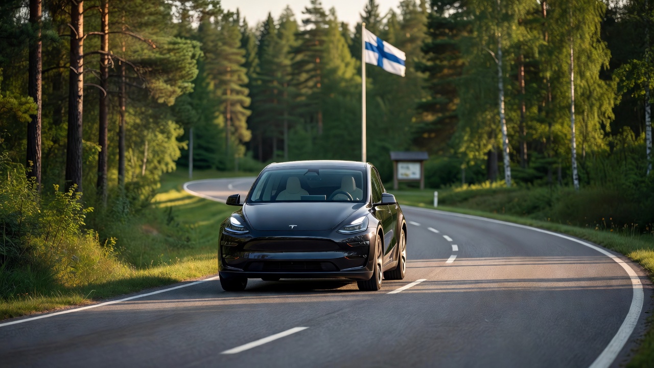 Tesla driving in Finland with Finnish flag in the background