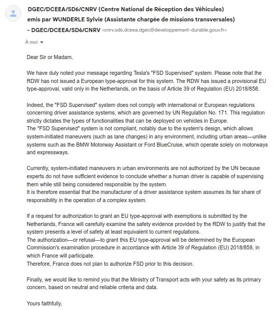 Screenshot of official letter from the French regulator (CNRV) regarding Tesla FSD Supervised