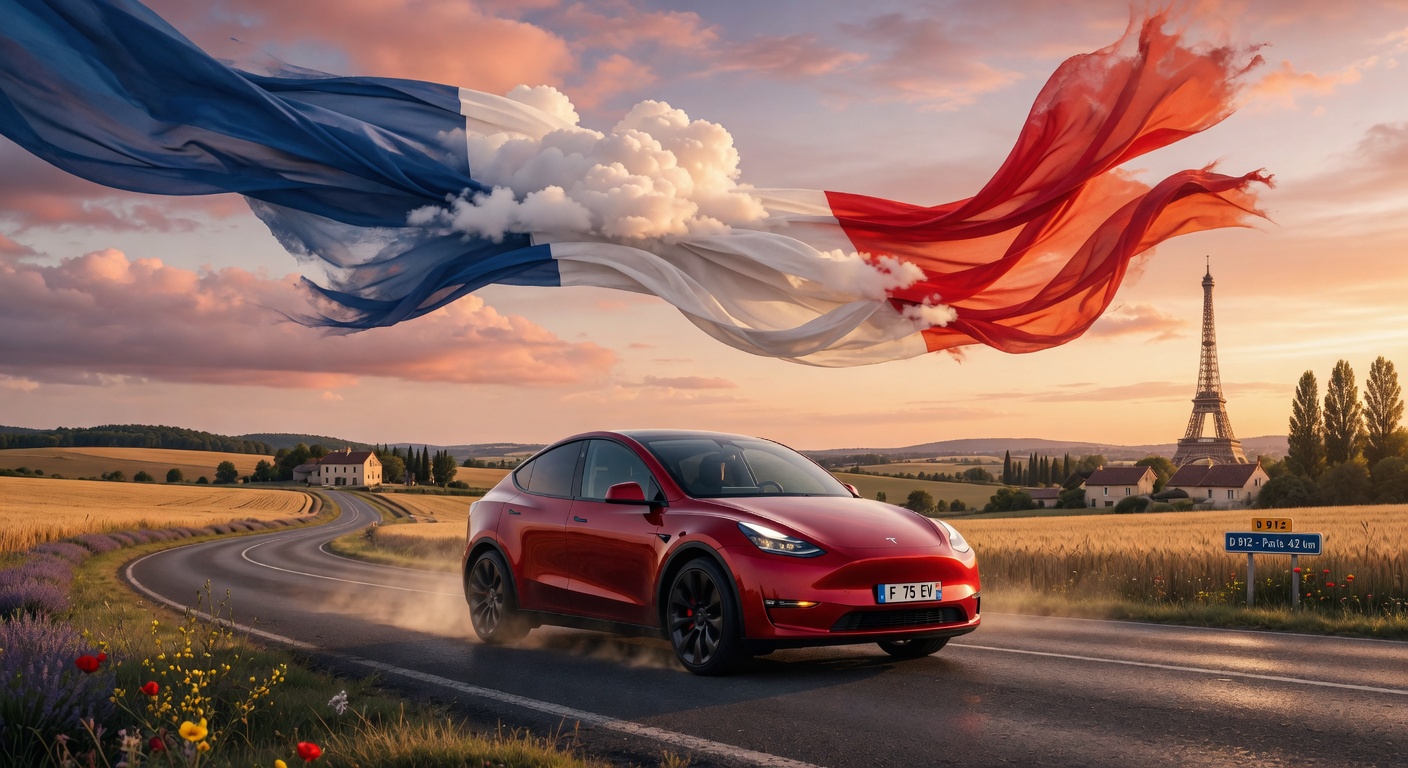 Tesla driving in France with French flag in the sky