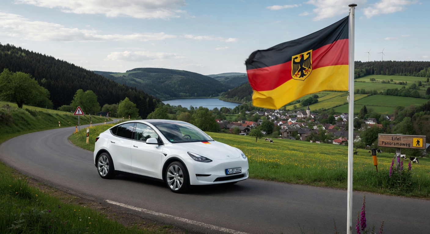 Tesla in Germany with German flag during FSD supervised shuttle pilot in Eifel region