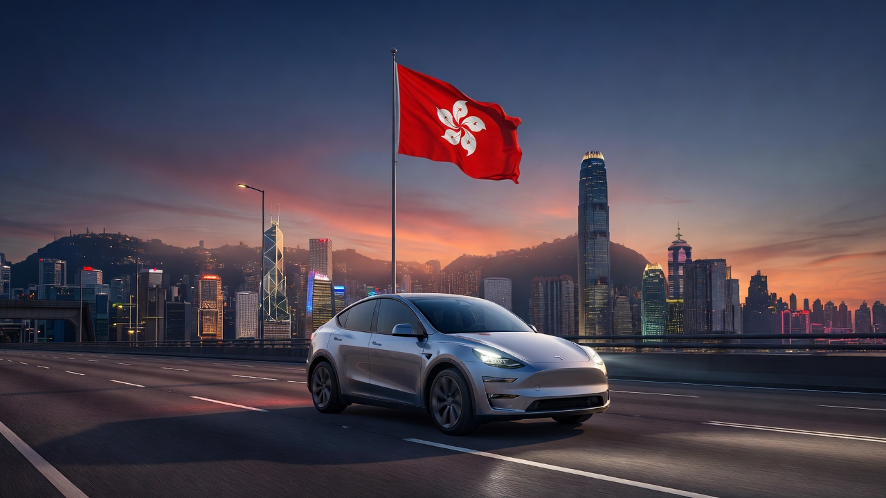 Tesla vehicle with Hong Kong flag representing FSD regulatory status