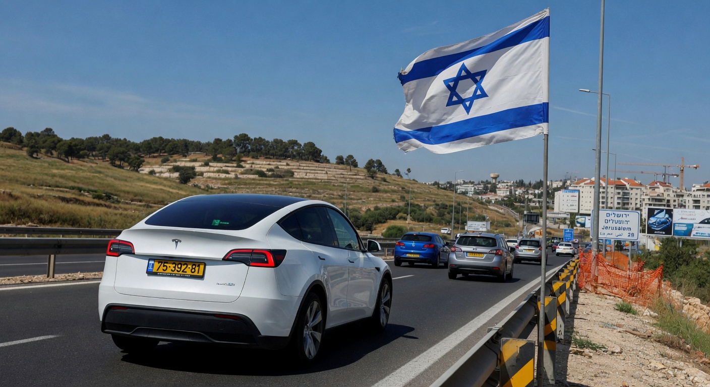 Tesla vehicle on Israeli roads with flag during supervised FSD trials and demonstrations