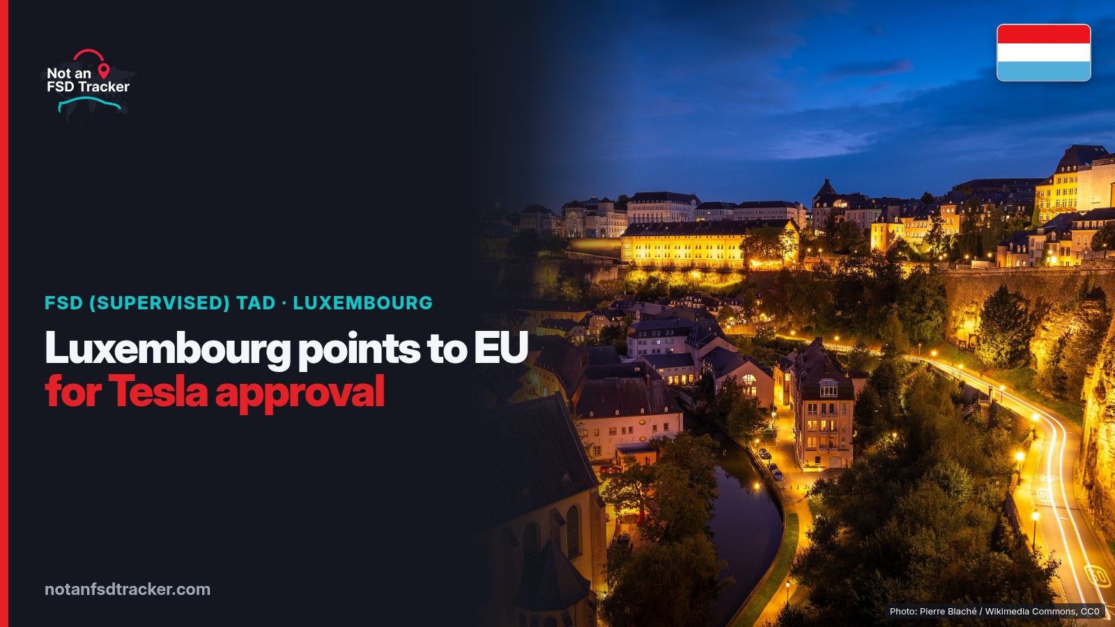 Luxembourg City's Grund district lit up at dusk, the header image for this report on Luxembourg's position on Tesla FSD (Supervised) TAD