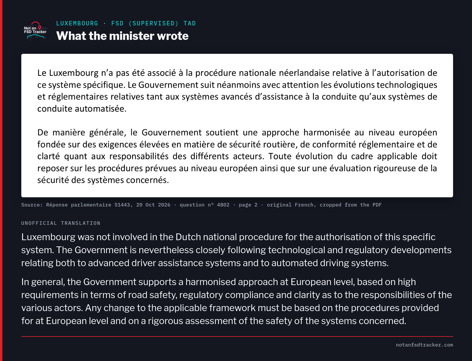 Extract from Luxembourg Mobility Minister Yuriko Backes's written answer to parliamentary question 4802, in French, saying Luxembourg was not involved in the Dutch national procedure and that the government supports a harmonised European approach with a rigorous safety assessment, with an unofficial English translation