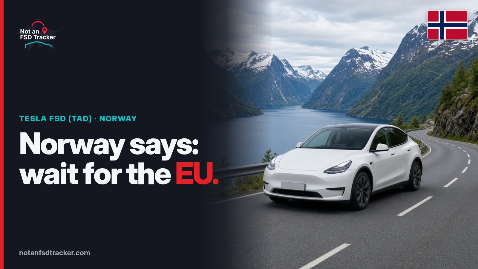 Norway says: wait for the EU. A white Tesla Model Y on a Norwegian fjord road (AI-generated illustration)