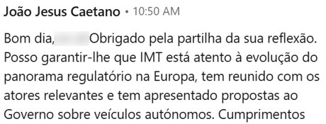 Screenshot of official reply from IMT (Portugal) regarding Tesla FSD Supervised