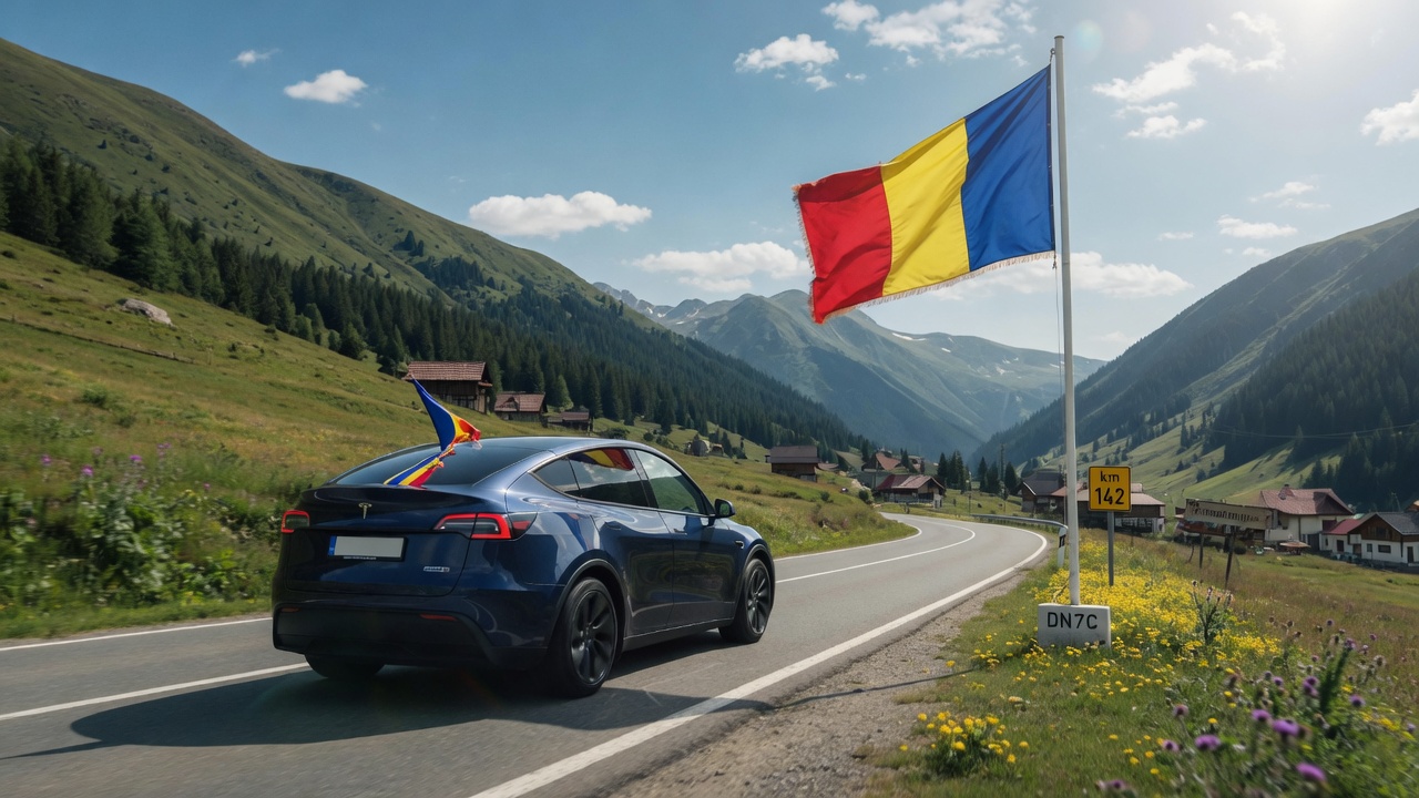 Tesla driving in Romania with the Romanian flag in the background