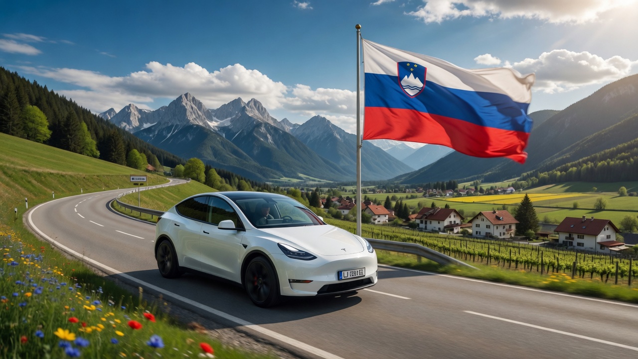 Tesla driving in Slovenia with the Slovenian flag in the background