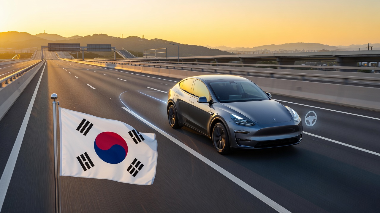 Tesla Model Y driving in South Korea with Korean flag overlay and FSD visualization
