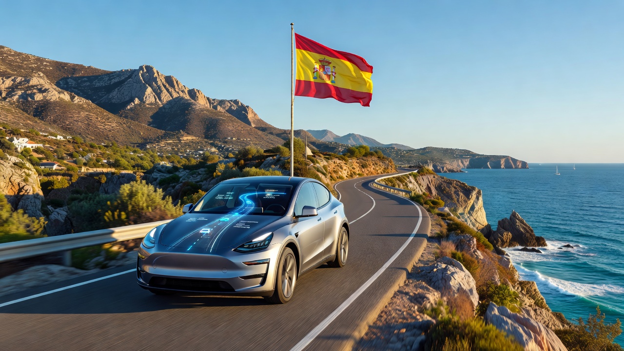 Tesla driving in Spain with Spanish flag in the background