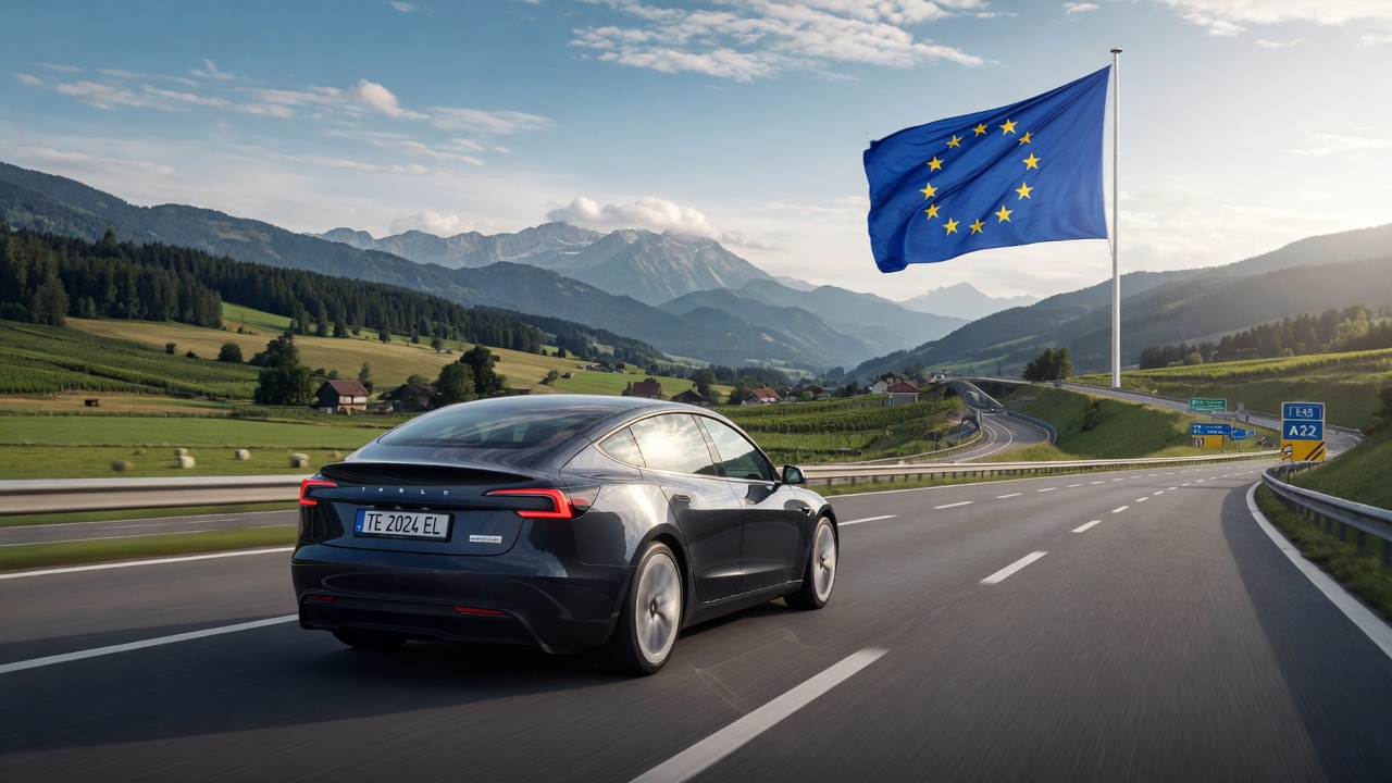 Tesla driving in Europe with the EU flag in the background