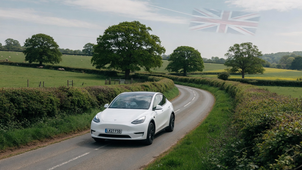Tesla on a UK country road with British flag in the background