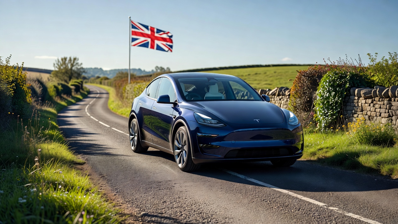 Tesla on UK road with British flag