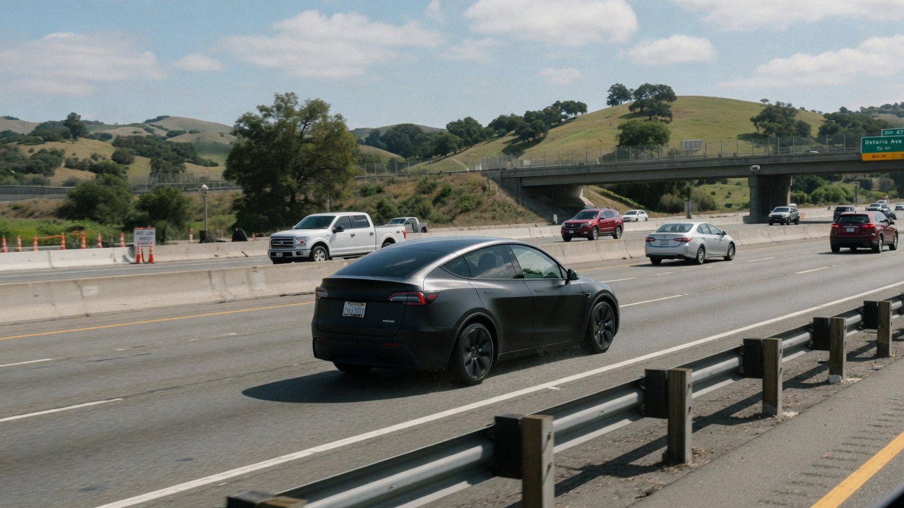 A Tesla vehicle driving on a highway in the United States