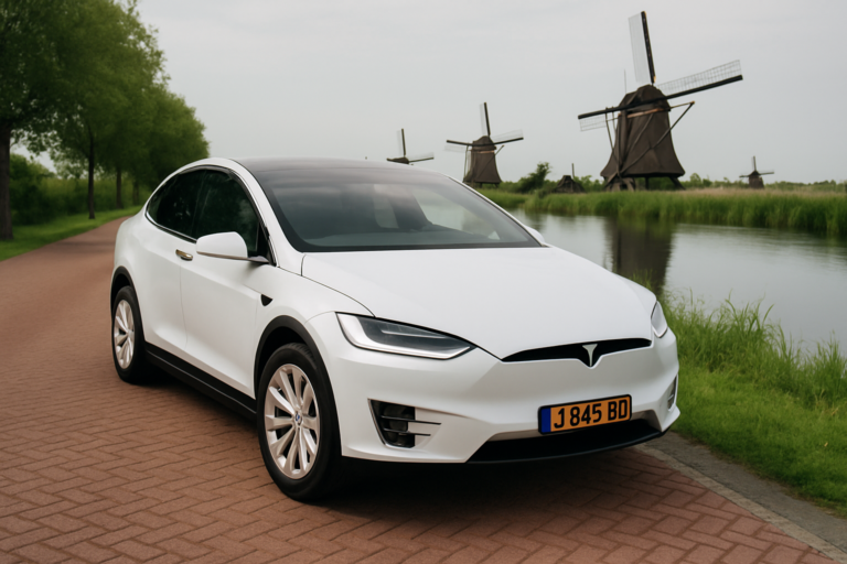 White Tesla Car Parked on a Brick Path Beside a Calm Canal with Traditional Windmills in the Distance.