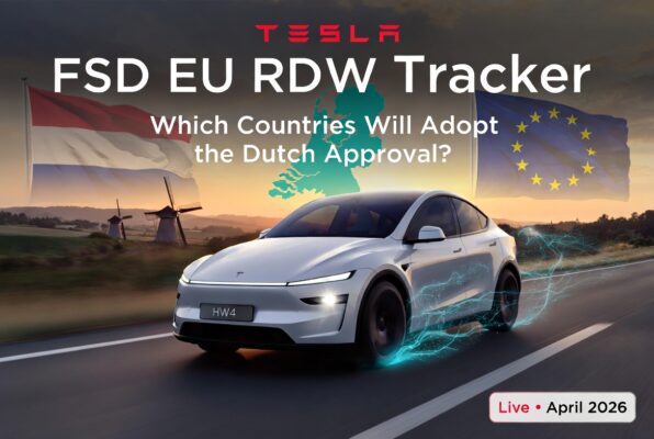 Tesla Fsd Eu Rdw Tracker 2026 – White Tesla Model Y Driving Autonomously on European Highway with Netherlands and Eu Flags, Glowing Fsd Neural Network Visualization, Windmills at Sunset