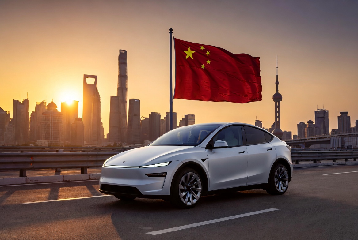 White Tesla-style Electric Car on a Bridge with Shanghai Skyline and a Waving Chinese Flag at Sunset Outside the Cityscape.