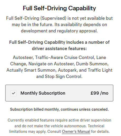 Panel Explaining Full Self-driving Capability with Listed Features and a Monthly Subscription of £99 Per Month; Notes About Supervision and Monthly Billing.